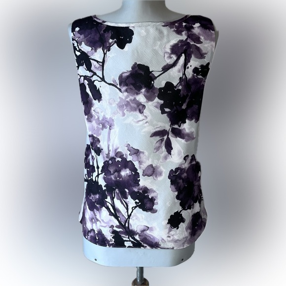 Loft (Ann Taylor) Petite Small Ruffle Neck Purple Gray Floral Sleeveless Blouse - Picture 2 of 7